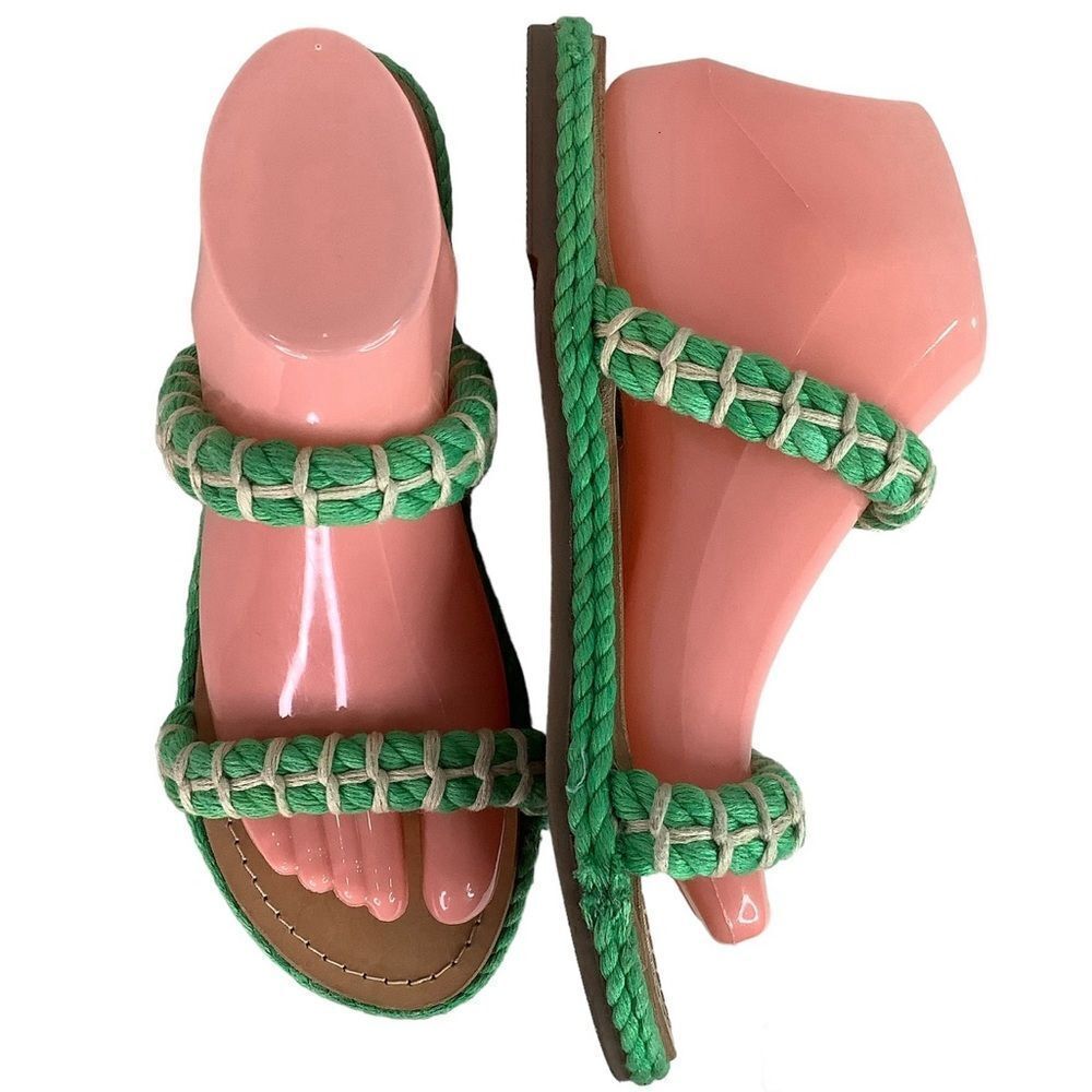 Manebi Espadrilles Slip On GreenTextile Tan Leather Flat Women’s Sandals Sz 8